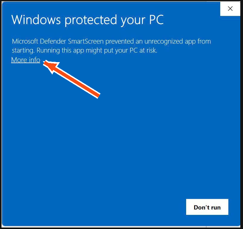 Cảnh báo Windows SmartScreen với mũi tên chỉ vào liên kết More info