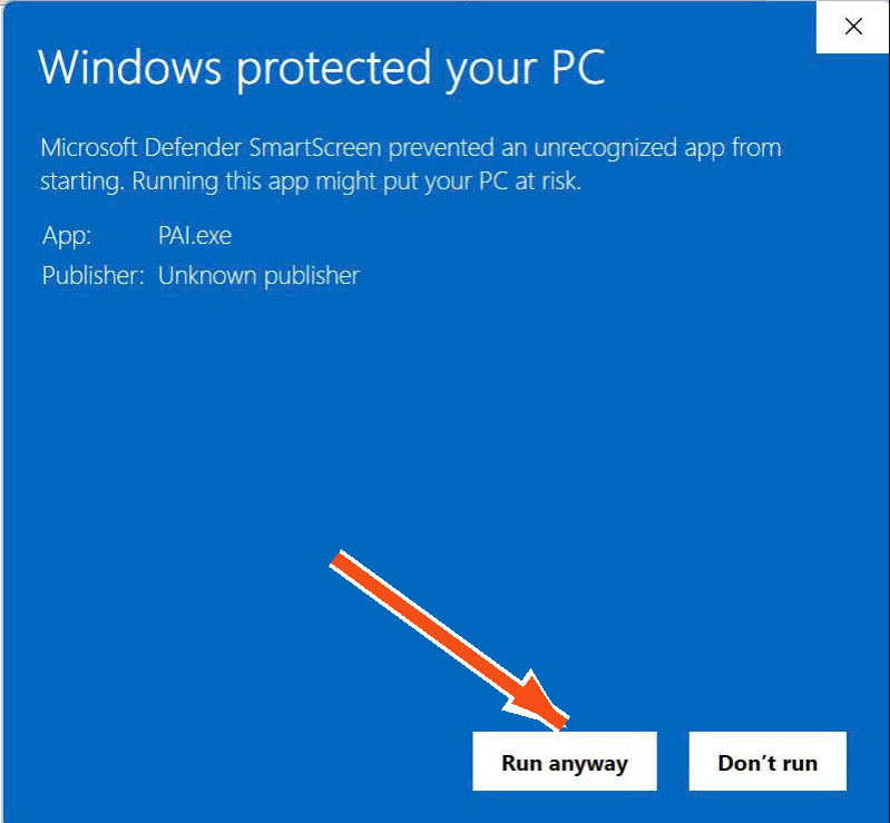 Windows SmartScreen với mũi tên chỉ vào nút Run anyway cho ứng dụng PAI.exe