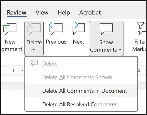 Menu Review trong Microsoft Word với tùy chọn Delete All Comments in Document